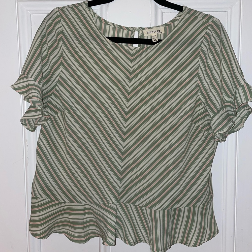 Green and pink striped peplum blouse